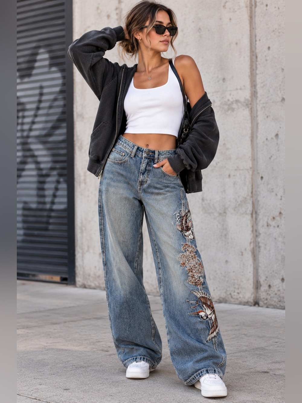 Ninth Hall Embroidered Koi Crane Wide Leg Baggy Jeans Y2K Size 0 Skater Street